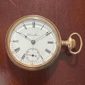 Vintage Hamilton Gold-Tone Pocket Watch with White Dial and Roman Numerals